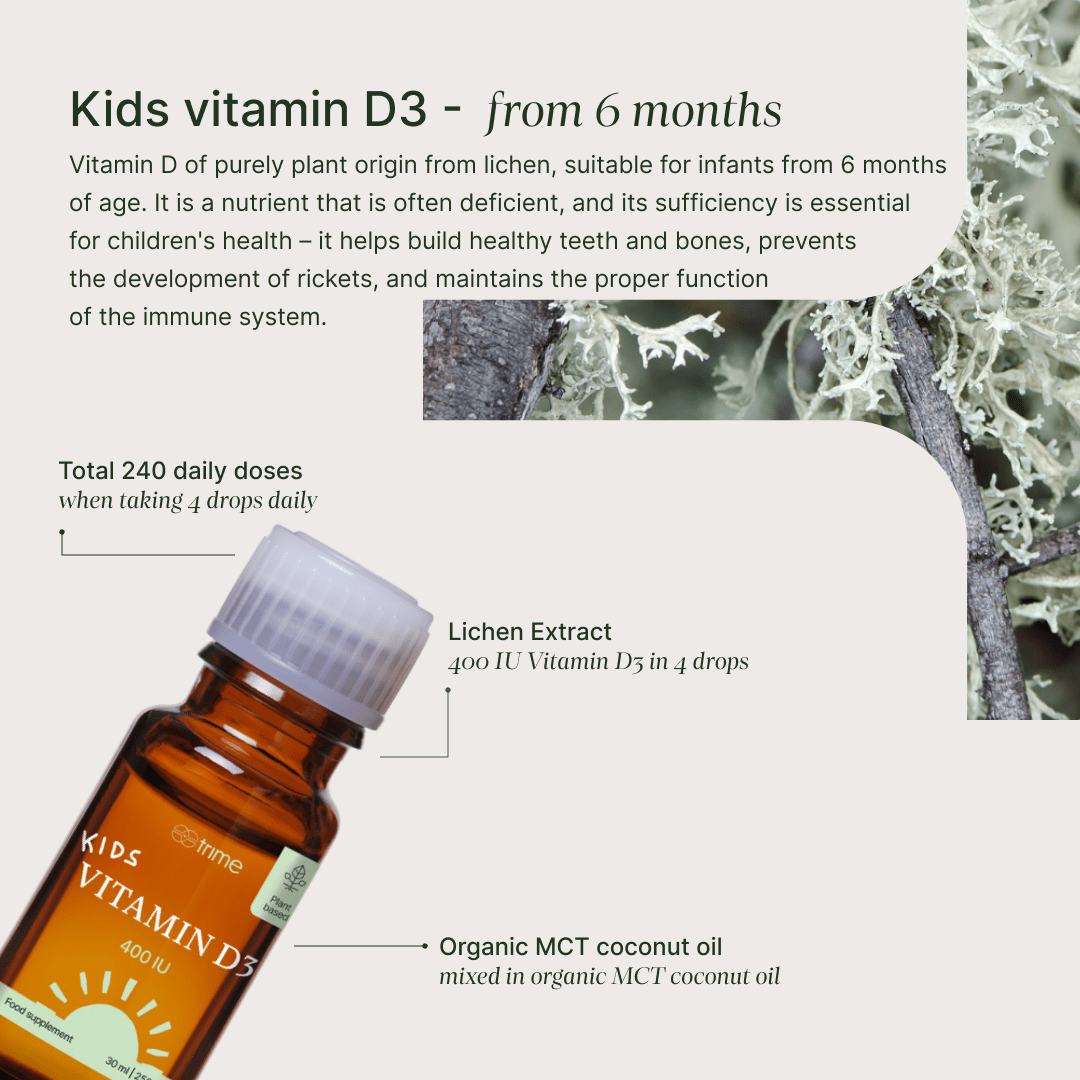 Vitamin D3 bottle with lichen background and product details.