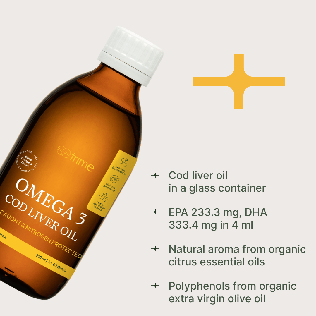 Bottle of Omega 3 Cod Liver Oil with product details on a light gray background