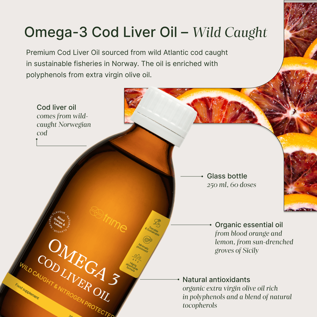 Omega-3 Cod Liver Oil bottle with product details and ingredients on a white background