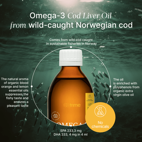Omega-3 Cod Liver Oil bottle with ocean and fish background