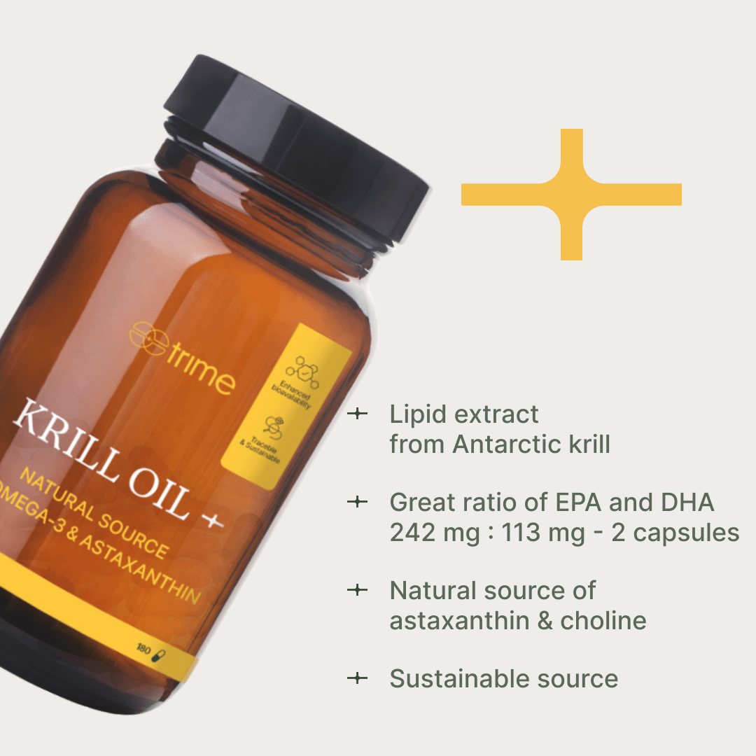 Bottle of Krill Oil with nutritional information on a white background