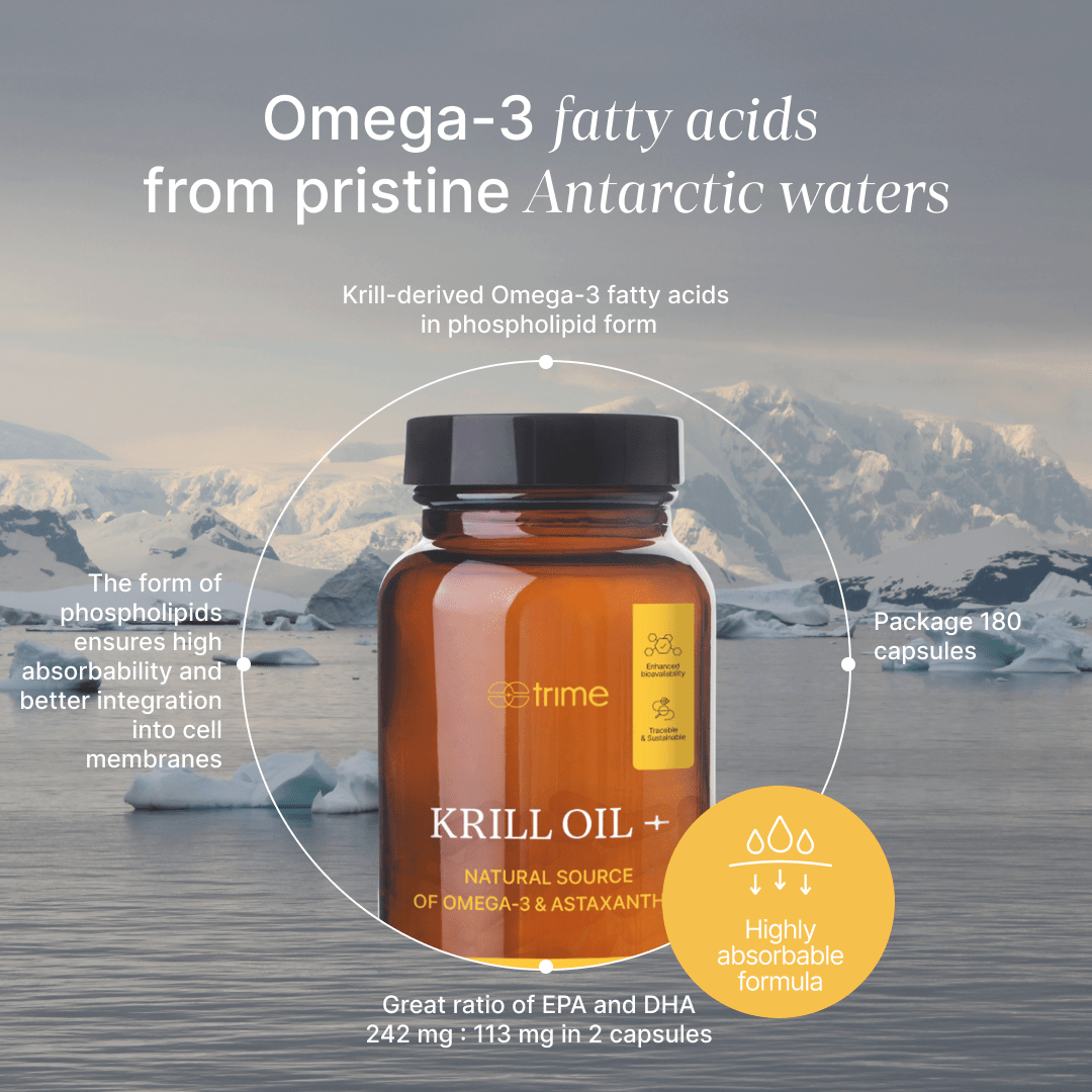 Bottle of Krill Oil with Antarctic landscape in the background